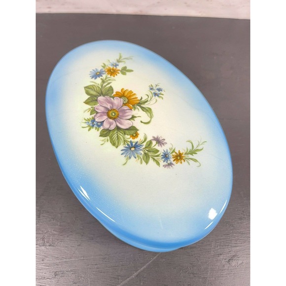 Vintage Porcelain Large Oval White Blue Flower Trinket Dresser Box Signed N M - Picture 2 of 11